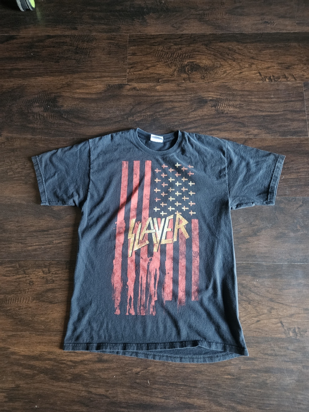 Kids' Black Graphic Band Tee with Red Flag Design